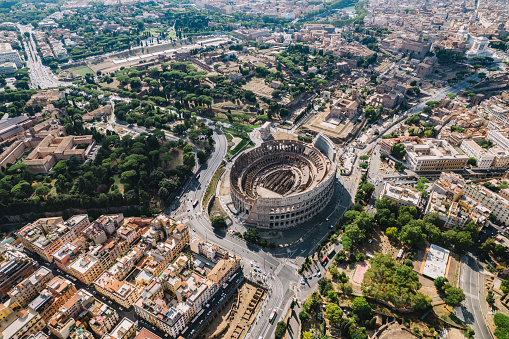 The Colosseum and the Imperial Forums in Rome beautiful aerial shot around the Colosseum.