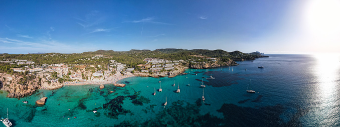 Aerial panoramic view of Calla Tarida, Ibiza, Spain.