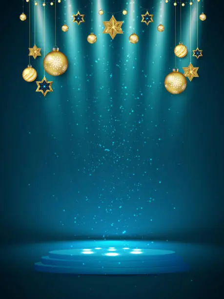 Vector illustration of Abstract realistic 3D blue and gold cylinder pedestal podium with Luxury Christmas tree and ball.