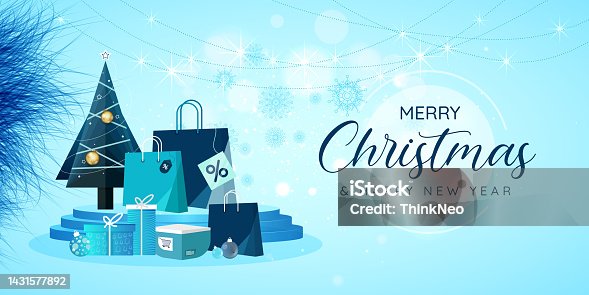 istock Merry Christmas and Happy New Year stage with shopping bag and gifts 1431577892