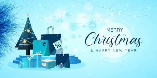 Vector illustration of Merry Christmas and Happy New Year stage with shopping bag and gifts