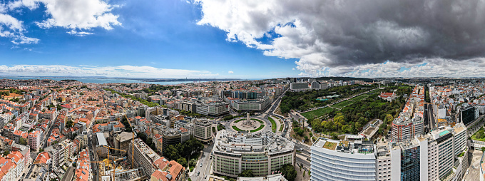 Aerial panoramic view of Marquis of Pombal Square (Praca do Marques de Pombal), Lisbon, Portugal.