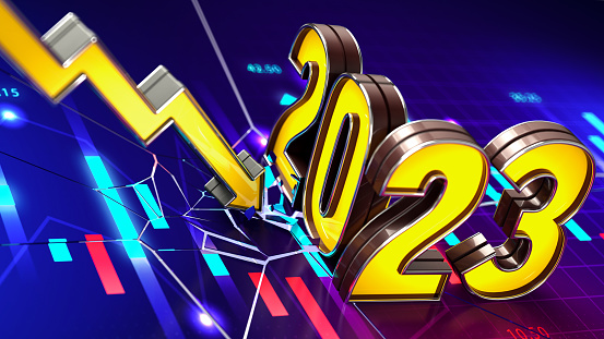 2023 Stock Market Crash Concept with Broken Infographic and Arrow. 2023 New Year Concept. 3D Render