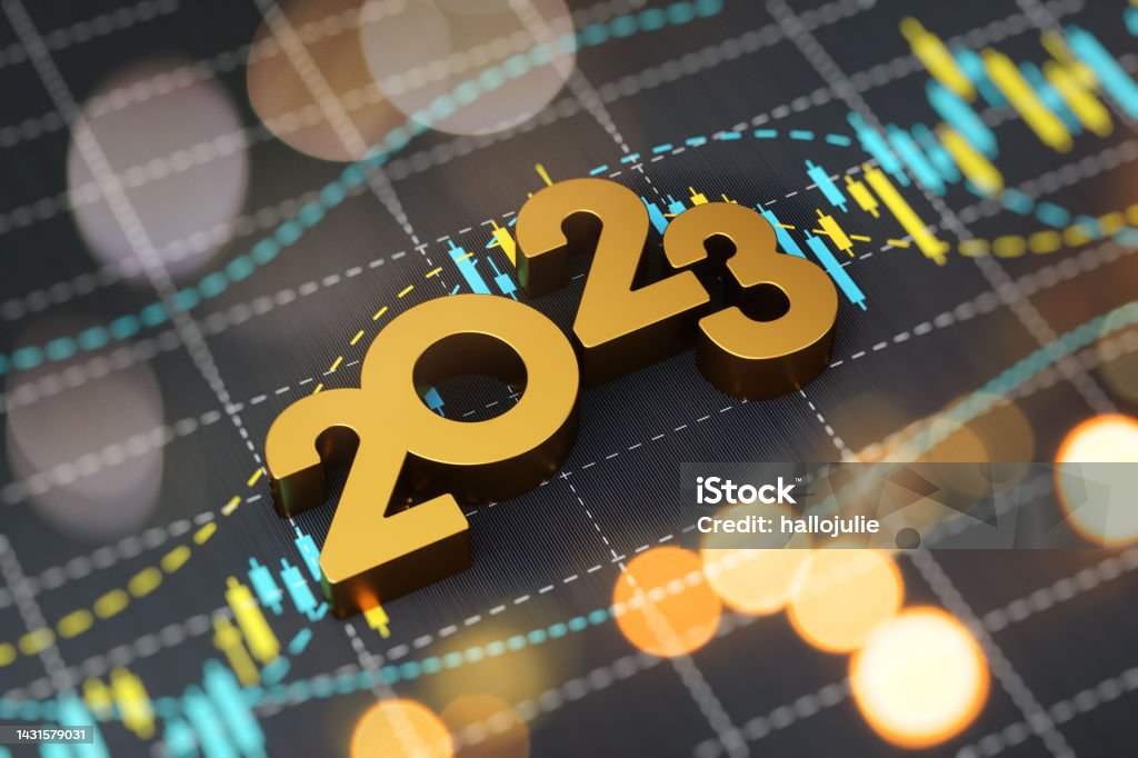 Investment And Finance Concept - 2023 Sitting On Financial Graph Background 2023, Stock Market and Exchange, Investment, Savings, Economy 2023 Stock Photo