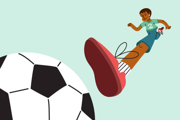 illustrations, cliparts, dessins animés et icônes de un jeune fan de football court, donne des coups de pied et joue au football joyeusement - soccer skill soccer ball kicking