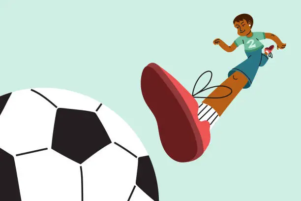 Vector illustration of A Young Soccer Fan is Running, Kicking and Playing Soccer Happily