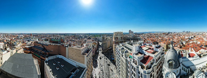 Madrid, Spain circa August 2022: Downtown cityscape with Gran Via street.