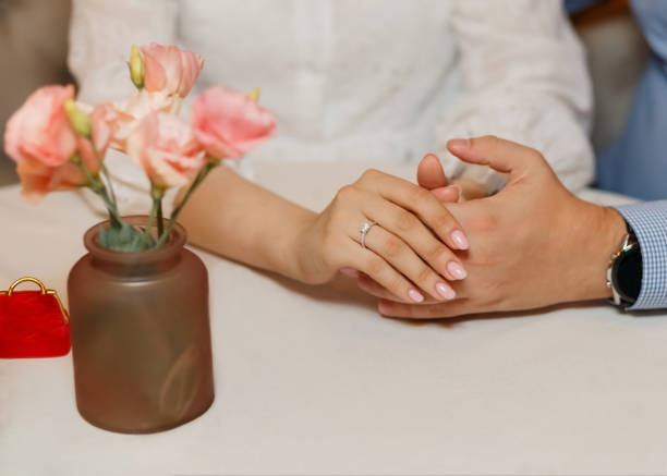 istock Close-up diamond ring proposal couple holding hands 1431584502