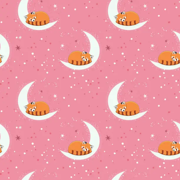 Vector illustration of Seamless pattern with cute red panda sleepping on the half moon with a star. Illustration for banner, sticker and poster for baby rooms. Childish background.