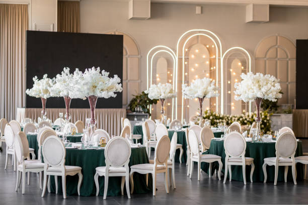 istock Restaurant tables decoration on golden lights background. 1431584878