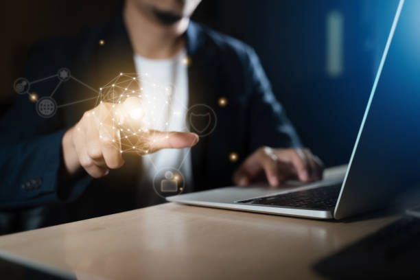 Man Hand holding virtual Global Internet connection metaverse. Business global internet connection application technology and digital marketing, Financial and banking, Digital link tech, big data.
