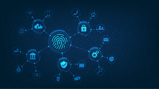 fingerprint scanning and biometric technology element. on blue dark background. cloud data storage and identification. security for protection internet of thing. vector illustration digital fantastic.