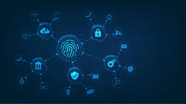Vector illustration of fingerprint scanning and biometric technology element. on blue dark background. cloud data storage and identification. security for protection internet of thing. vector illustration digital fantastic.