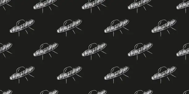 Vector illustration of Doodle space seamless pattern in childish style. Hand drawn abstract ufo. Black and white.