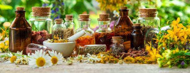 istock Tincture of medicinal herbs in bottles. Selective focus. 1431589261