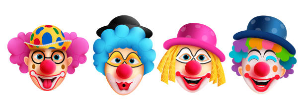 istock Clown characters set vector design. Birthday buffoon and joker character with funny and happy facial expression wearing colorful costume 1431589265