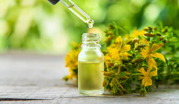 istock St. John's wort essential oil in a small bottle. Selective focus. 1431589270