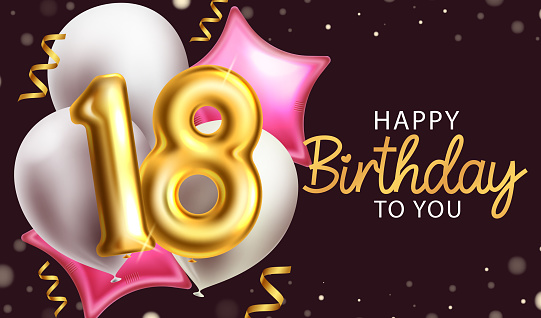 Birthday 18th vector background design. Happy birthday text with balloons and confetti elements for debut party decoration. Vector Illustration.