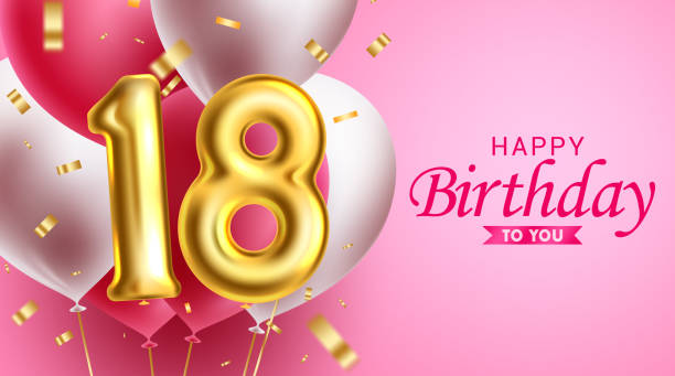 istock Birthday vector background design. Happy birthday text with 18th balloons floating and confetti party elements 1431589387