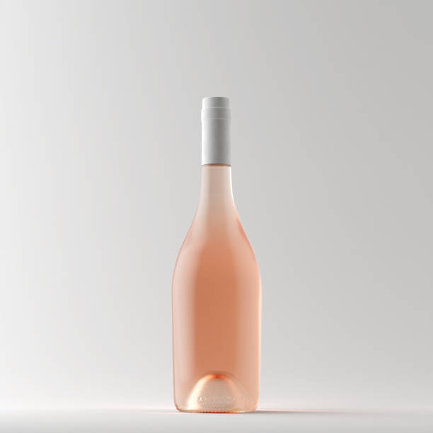 ilustração 3d. uma garrafa de vinho rosa está sobre a mesa. mockup, renderização 3d. - rosé - fotografias e filmes do acervo