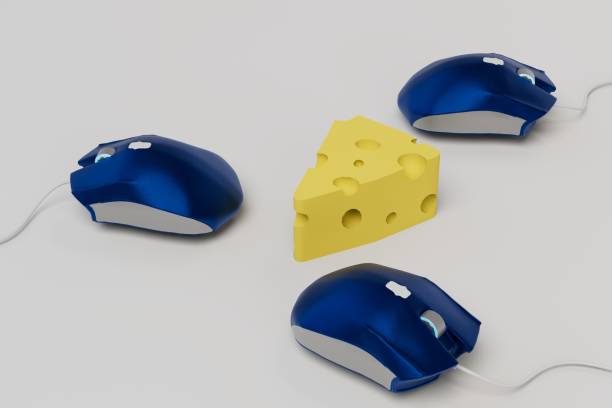istock a piece of hard cheese around which are blue computer mice on a white background. 3D render 1431595055
