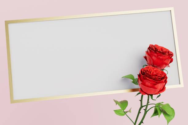 istock photo frame with a gold rim next to red roses on a pastel background. 3D render 1431595097