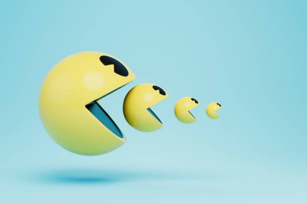 a large packman eats small emoticons on a blue background. 3D render a large packman eats small emoticons on a blue background. 3D render. fiera stock pictures, royalty-free photos & images