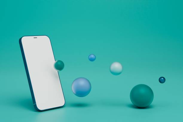 istock abstract background. a smartphone from which balls of different sizes fly out on a turquoise background. 3D render 1431595394