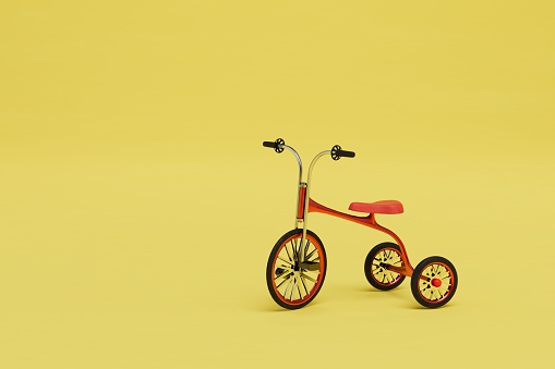 children's tricycle on a yellow background. copy paste, copy space. 3D render.
