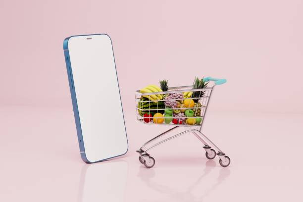 istock ordering fruit in the online store. a smartphone next to which is a fruit cart. 3 render 1431595772