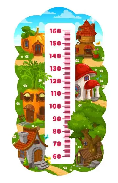 Vector illustration of Kids height chart ruler with gnome and elf houses