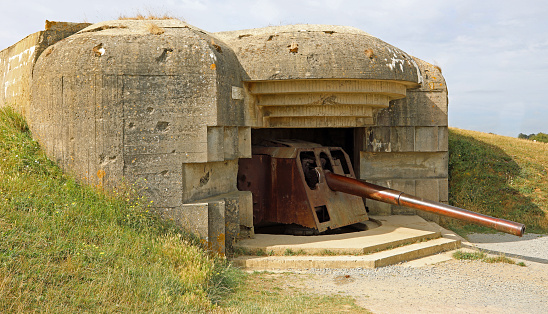 Longues-sur-Mer battery, L, France - August 21, 2022: Gun Battery of Atlatic Wall in Normandy