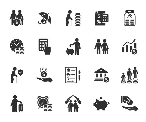 ilustrações de stock, clip art, desenhos animados e ícones de vector set of pension flat icons. contains icons retirement plan, money deposit, inheritance, pension fund, savings, investments, pension payment, allowance and more. pixel perfect. - pension retirement benefits perks