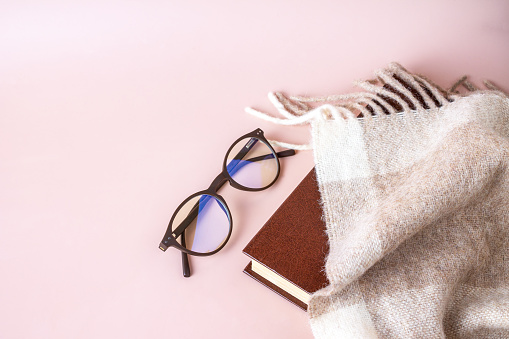 glasses, book, wool checkered plaid, copy space
