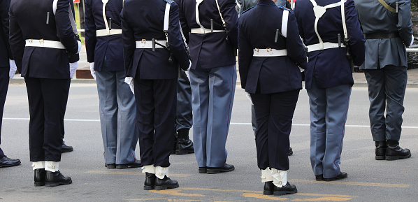 Vicenza, VI, Italy - June 2, 2022: uniformed policemen during the parade in Italy with black shoes