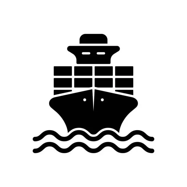 Vector illustration of Cargo Ship Delivery Black Silhouette Icon. Sea Boat Vessel Glyph Pictogram. Freight Marine Container Delivery Symbol. Big Cruise Yacht Shipping. Water Transport. Isolated Vector Illustration