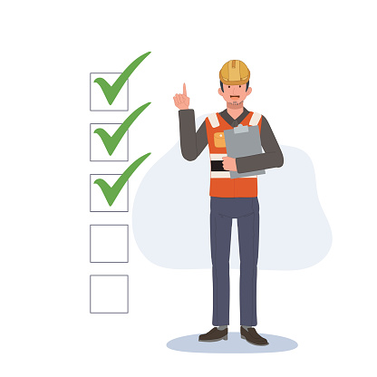 Check mark, construction site worker, Engineer with whitelist board. remind your checklist concept. Vector illustration