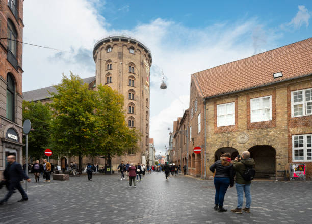 the  rondetarn tower in copenhagen, denmark - denmark copenhagen brick street imagens e fotografias de stock