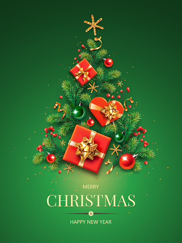 Christmas tree with gifts, balls, golden tinsel confetti and snowflakes on green background.