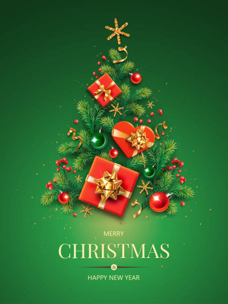 Vertical banner with green and red Christmas symbols and text. Christmas tree with gifts, balls, golden tinsel confetti and snowflakes on green background. christmas christmas decoration christmas tree tree stock illustrations
