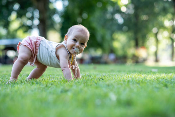 A cute baby is crawling in the park and smiling