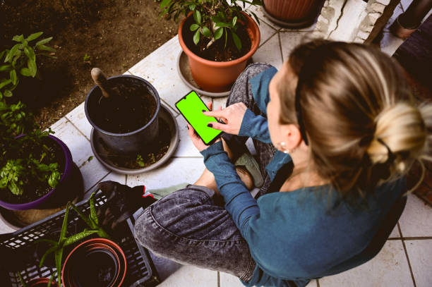 istock smartphone with blank screen. woman Relaxing in the garden 1431608904