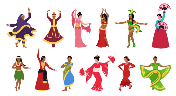 ilustrações de stock, clip art, desenhos animados e ícones de set of national dances isolated on white background - clothing traditional culture chinese culture black