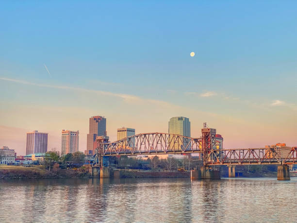 First Day of Spring In Little Rock, Arkansas The sunrise collides with the moon  over the Little Rock, Arkansas skyline on the first day of spring. arkansas stock pictures, royalty-free photos & images