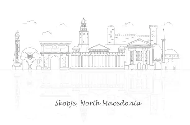 Vector illustration of Outline Skyline panorama of city of Skopje, North Macedonia