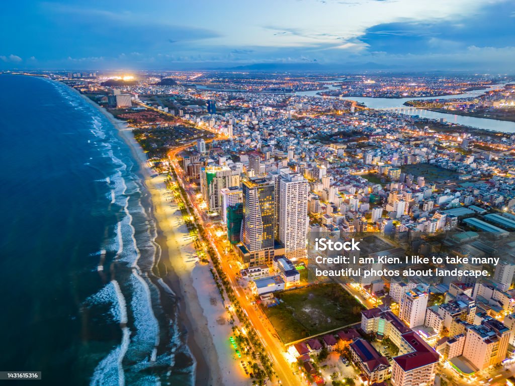 Aerial view of Da Nang beach which is a very famous destination for tourists. Nha Trang Stock Photo