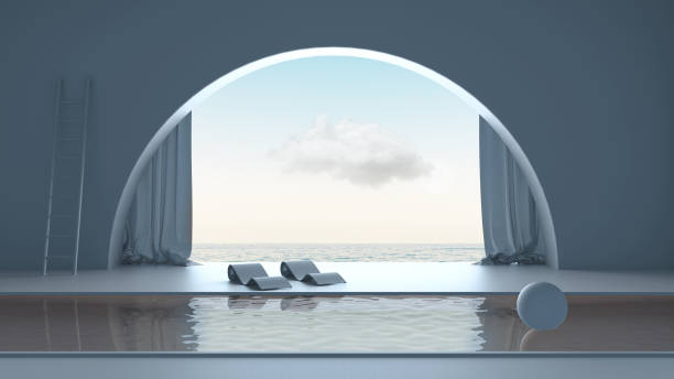 Imaginary fictional architecture, interior design of empty space with arched window with curtain, concrete blue walls, swimming pool with chaise longue, sunrise sunset sea panorama