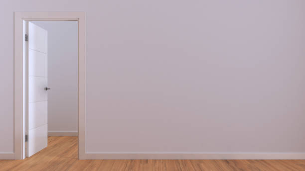 istock Open door on white wall, mock up with copy space. Empty room with parquet floor. Minimalist interior design 1431624815