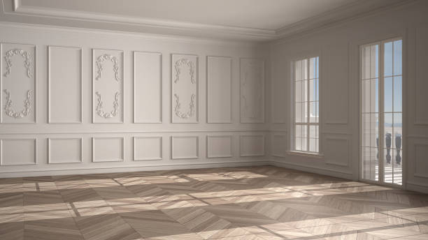istock Empty room interior design, open space with white walls with stucco and parquet wooden floor, classic contemporary architecture, no people, mock-up with copy space 1431625410