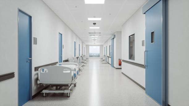 corredor del hospital moderno vacío - pasillo fotografías e imágenes de stock